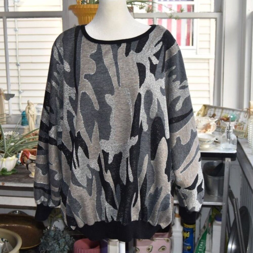 80s Top Notch 4X Sweater Womens Black Silver Metallic Abstract Dolman Made USA